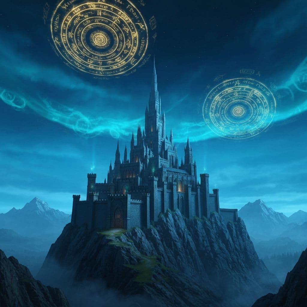 Paisaje de fantasia con castillo en la montania